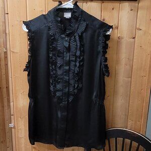 Vintage Black Silk Blouse with Ruffles XL